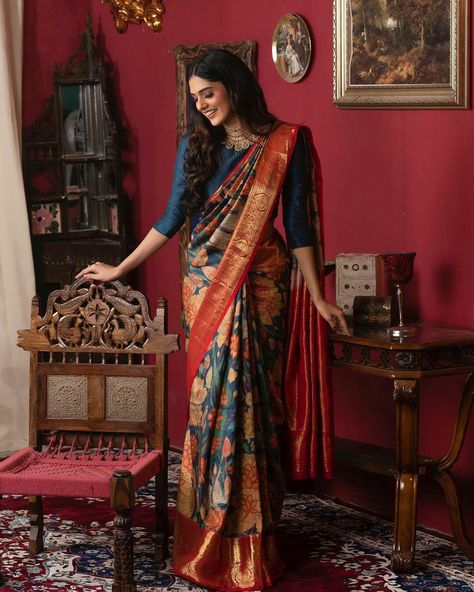 Kalamkari Saree Blouses, Kalamkari Saree Blouse Designs, Seemantham Saree Ideas, Kalamkari Pattu Sarees, Pen Kalamkari Sarees, Kalamkari Silk Saree, Kalamkari Blouse Designs, Half Sari, Kanchi Pattu Sarees