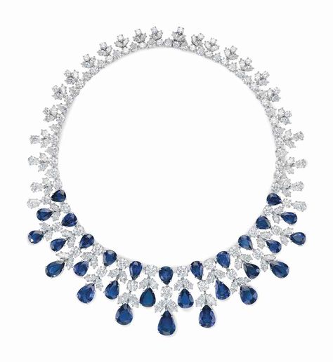 A SAPPHIRE AND DIAMOND NECKLACE, BY GRAFF The front suspending a graduated three-row fringe of pear-shaped sapphires, enhanced with marquise and circular-cut diamonds, to the variously-cut diamond backchain, mounted in platinum, 15 1/4 ins., in a Graff leather box Signed Graff, no. 3668 Graff Necklace, Graff Jewelry, Graff Diamonds, Round Diamond Earrings, Black Diamond Earrings, Ruby Rings, Sterling Necklaces, Leather Box, Valentines Necklace