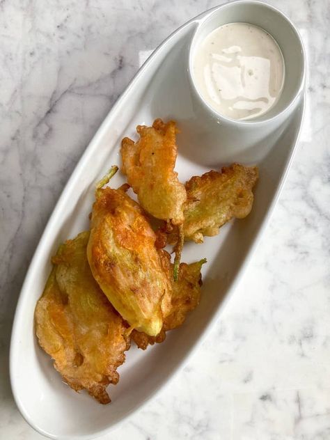 Beer Batter Fried Zucchini Flowers Batter Fried Zucchini, Fried Zucchini Flowers, Beer Battered Fries, Marina Sauce, Fried Zucchini, Zucchini Flowers, Blue Cheese Dressing, Zucchini Fries, Beer Batter