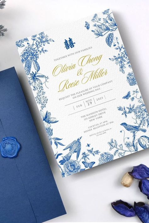 Blue Chinoiserie Wedding Invitation Card | Double Happiness Asian Chinese Wedding Invite 结婚请柬 Chinese Wedding Invitation Blue, Sangjit Invitation Design, Modern Chinese Wedding Invitation, English Wedding Invitation Card, Wedding Invitations Chinese, Chinoiserie Wedding Invitation, Chinoiserie Invitation, Chinese Wedding Invitation Card, Asian Wedding Invitations