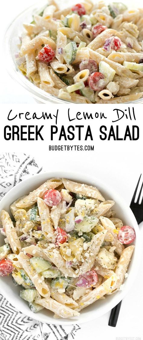 Creamy Lemon Dill Greek Pasta Salad is packed with bold flavors and fresh vegetables, making it a delicious light lunch. @budgetbytes Dill Pasta Salad, Vegetarian Bites, Dill Pasta, Vegetable Pasta Salads, Greek Pasta Salad, Camping Menu, Salads Recipes, Greek Salad Pasta, Greek Pasta