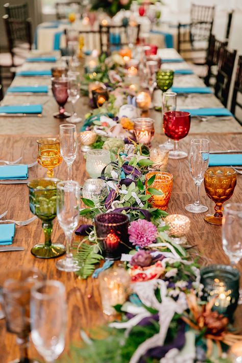 Eclectic Floral Wedding, Wedding Colorful Glassware, Jewel Tone Glassware Wedding, Indoor Garden Party Wedding Reception, Whimsical Botanical Wedding, Coloured Glassware Wedding, Colourful Whimsical Wedding, Fairy Backyard Wedding, Boho Wedding Glassware