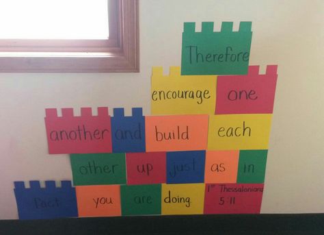 1 thessalonians 5:11 Lego curriculum decorations Lego Bulletin Board, Lego Classroom Theme, Lego Classroom, Classroom 2023, Kids Church Rooms, Sunday School Decorations, Sunday School Rooms, Lego Decorations, Kids Playroom Ideas