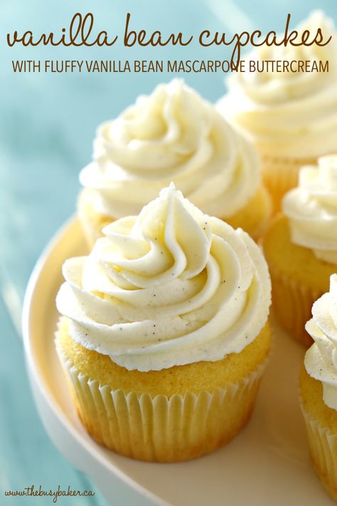 These Vanilla Bean Cupcakes are tender and fluffy and topped with ultra creamy mascarpone buttercream frosting made with real vanilla beans! They're perfect for parties, birthdays, or any occasion at all! Recipe from thebusybaker.ca! #bestevervanillacupcakes #easyvanillacupcakes #vanillabeancupcakerecipe Mascarpone Buttercream, Dessert Muffins, Vanilla Bean Recipes, Frost Cupcakes, Easy Vanilla Cupcakes, Peach Cupcakes, Real Vanilla, Baking Therapy, Vanilla Bean Frosting