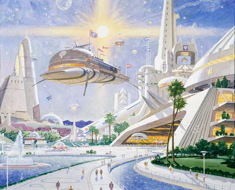 » What Lies Beyond Futuristic Painting, Robert Mccall, Futurism Art, John Lautner, 70s Sci Fi Art, Sci Fi City, Between Two Worlds, The Jetsons, Pahlawan Marvel