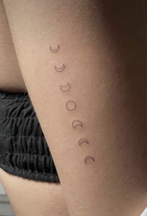 Minimalist Tattoo Moon Phases, Moon Phases Fine Line Tattoo, Moon Phases Tattoo Spine Simple, Moon Phases Tattoo Minimalist, Moon Phases Tattoo Simple, Tattoo Ideas Astronomy, Moon Fazes Tattoos, Fine Line Moon Phase Tattoo, Moon Tiny Tattoo