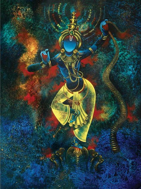 Lord Krishna Dancing on Kaliya Naag by Yograj Verma on Artflute.com' Krishna And Kaliya Naag, Krishna Kaliya Naag Painting, Krishna Dance On Kaliya Naag, Dancing Shiva Painting, Krishna Dancing On Kaliya, Lord Krishna Canvas Painting, Lord Krishna Abstract, Abstract Krishna Painting, Krishna Abstract Art