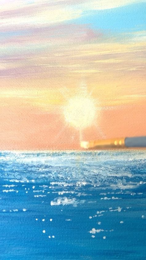 Sun And Ocean Drawing, Ocean Sunset Painting, Ocean Drawing, Sea Drawing, Pastel Bows, Beach Art Painting, Sun Painting, Summer Painting, Art Corner