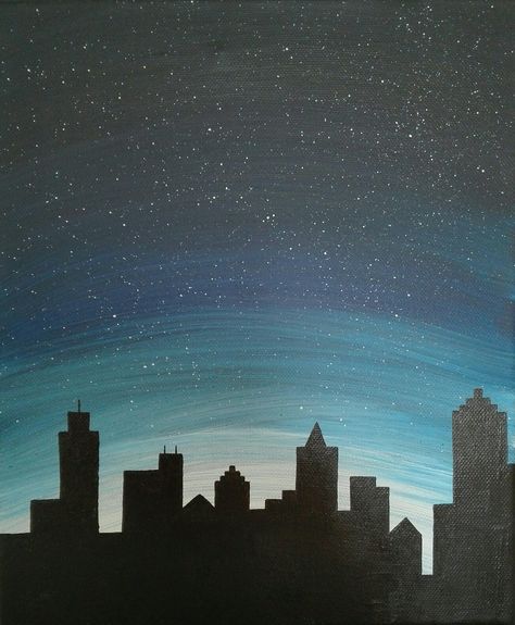 Nightsky, big city, nightcity, stars, painting Skyscraper Painting Easy, Night Building Painting, Painting City Easy, City Painting Simple, City Scape Painting Easy, Easy Cityscape Painting, Simple City Scape Drawing, City Painting Acrylic Easy, City Painting Easy