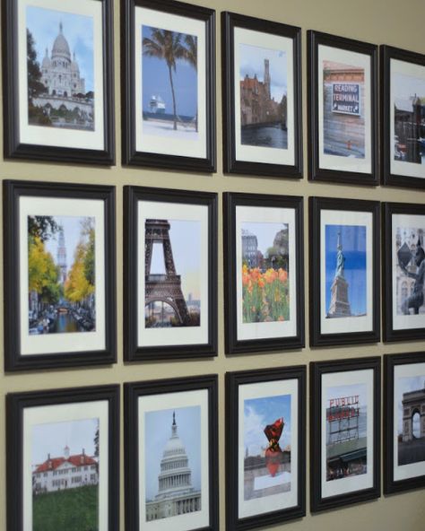 I've wanted to do a wall of travel pictures for a while now, and I finally got around to it this week. I had Costco print 15 pictures... Travel Photo Wall Ideas Hallway, Photo Wall Travel Pictures, Gallery Wall Photography, Displaying Travel Photos, Travel Photo Wall Ideas, Travel Picture Wall, Kitchen Frames, Travel Display, Travel Photo Wall