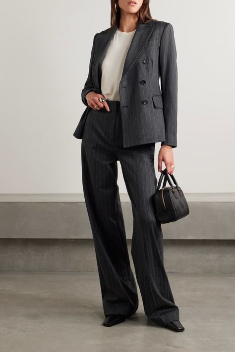 MAX MARA Ofride double-breasted pinstriped cotton-blend twill blazer | NET-A-PORTER Tailored Suit Women, Sixth Form Outfits, Costume Gris, Timeless Outfits, Corporate Fashion, Suits Clothing, Smart Outfit, Work Suits, Pantsuits For Women