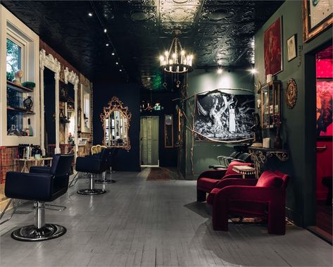 Dark Moody Salon, Dark And Moody Hair Salon, Dark Salon Interior Design, Black Wall Salon Decor, Moody Barber Shop, Goth Beauty Salon, Gothic Beauty Salon, Dark Hair Salon Decor, Dark Moody Salon Suite