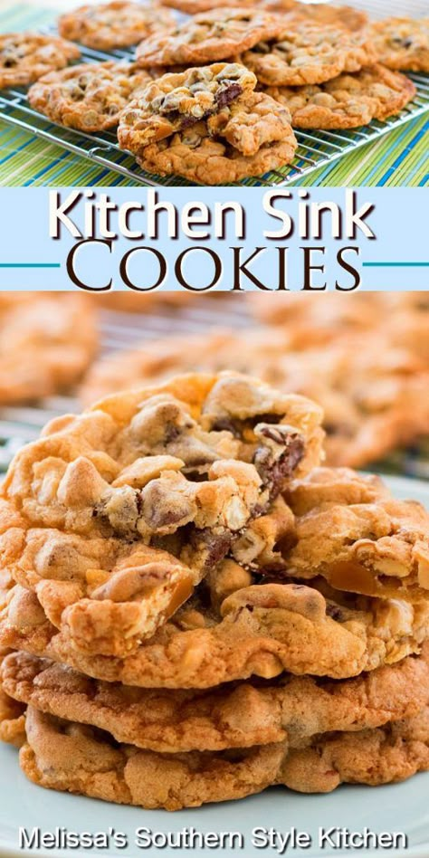 Peanut Butter Kitchen Sink Cookies, Cookies With Peanuts In Them, Trash Cookies Recipes, Loaded Cookies Recipe, Sweet And Salty Cookies, Sweet And Salty Desserts, Peanut Butter Chip Recipes, Loaded Cookies, Kitchen Sink Cookies Recipe