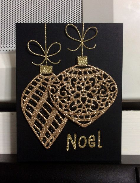 handmade Christmas card ... black card with die cut ornaments of gold glitter paper ... tres elegant ... Stampin' Up! Black And Gold Christmas, Gold Glitter Paper, Christmas Card Ornaments, Ornament Card, Handmade Christmas Card, Christmas Card Inspiration, Homemade Christmas Cards, Stampin Up Christmas Cards, Hur Man Målar