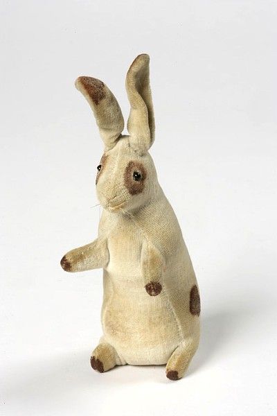 Toy rabbit called 'Tiny', in an upright stance, printed cream velvet with brown spots; English? ca.1902 Stuffed Rabbit, Velveteen Rabbit, Rabbit Dolls, Rabbit Toys, Vintage Easter, Soft Sculpture, Antique Toys, Old Toys, Bunny Rabbit