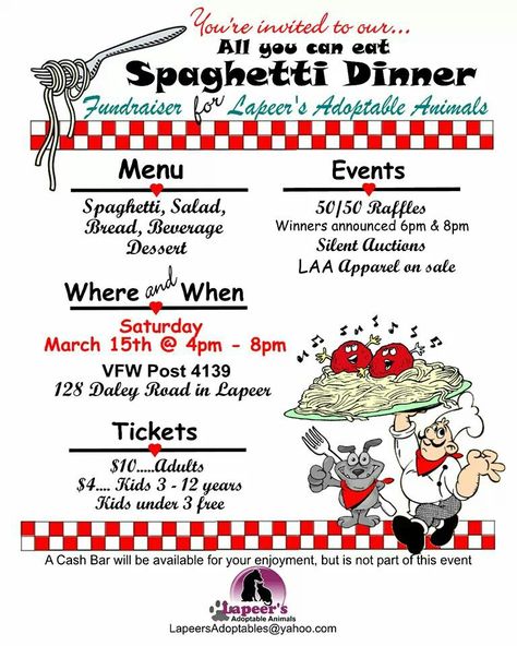 Spaghetti dinner fundraiser for Lapeer's Adoptables!! Saturday March 15  @ 4pm-8pm  Lapeer VFW   https://www.facebook.com/photo.php?fbid=599391320131691&set=a.274627135941446.60725.267166810020812&type=1&theater Spaghetti Feed Fundraiser, Spaghetti Dinner Fundraiser Ideas, Theater Fundraising Ideas, Spaghetti Fundraiser Ideas, Benefit Dinner Ideas Fundraising, Dinner Fundraiser Ideas, Community Fundraising Ideas, Spaghetti Fundraiser, Church Fundraising Ideas