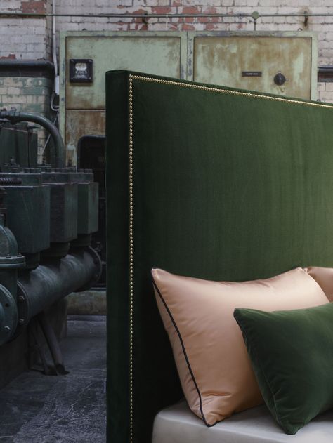 Green Velvet Upholstered Bed, Olive Green Velvet Headboard, Green Bed Headboard, Olive Green Headboard, Green Headboard Bedroom Ideas, Green Velvet Headboard, Green Beds, Green Velvet Bed, Bed Back Wall