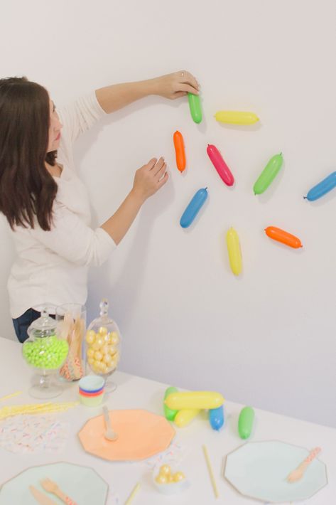 Project Nursery - DIY Sprinkle Balloons Tutorial Sprinkle Photo Backdrop, Sprinkles Themed Birthday Party, Sweet One Centerpieces Diy, Rainbow Sprinkle Birthday Party, Baby Sprinkle Balloon Arch, Sprinkle Balloon Arch, Sprinkle Drinks, Sprinkle Balloon Garland, Sprinkle Theme Baby Shower Ideas