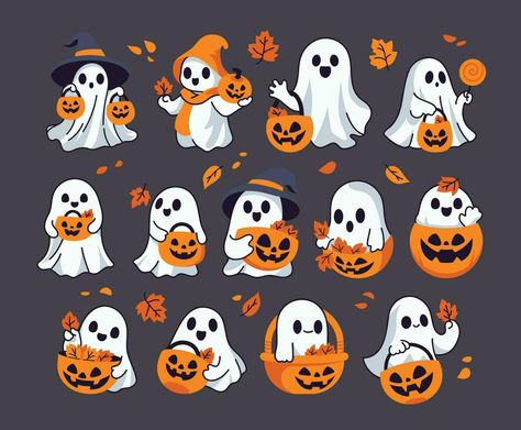 Cute Ghost Holding Pumpkin Basket Autumn Vector Illustration Set Ghost Illustration Cute, Cute Ghost Holding Pumpkin, Halloween Illustration Cute, Halloween Illustration Art, Cute Halloween Illustration, Cute Ghost Illustration, Cute Ghost Art, Ghost Holding Pumpkin, Autumn Vector