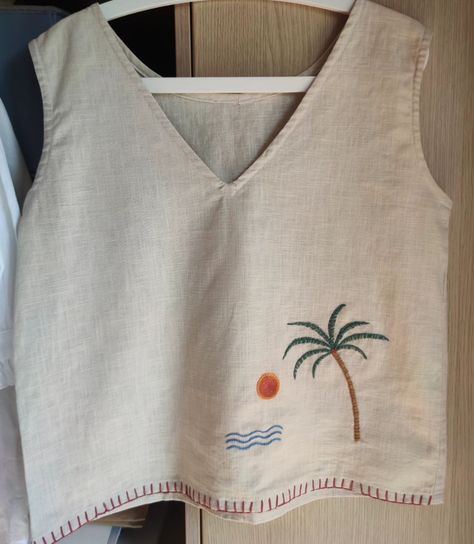 Linen top, custom made, hand embroidered. Almost finished. #embroidery #handembroidery #broderie #broderiemain #needlework #textile #κέντημα #handmade #linen #linentop #summervibes #cottonthreads #dmcthreads #dmc #bohostyle Arty Fashion, Kids Dress Collection, Clothes Embroidery Diy, Embroidered Shirts, Beautiful Casual Dresses, Embroidery On Clothes, Printed Cotton Dress, Sewing Embroidery Designs, Hand Embroidery Art