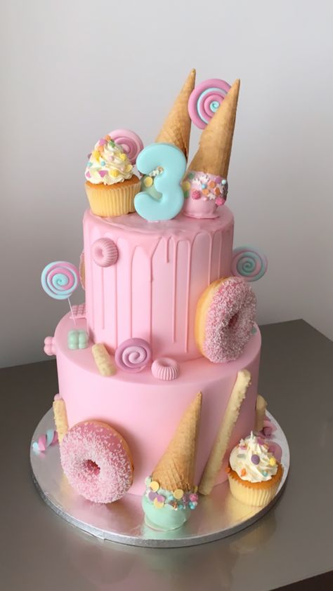 Pastel Candyland Birthday Cake, Candy 3rd Birthday Party, It’s Sweet To Be Three, Candyland 3rd Birthday Party, Sweets Party Decorations, Lolly Themed Party, Candyland Birthday Party Activities, 2 Sweet Birthday Cake Ideas, Pastel Candy Land Party