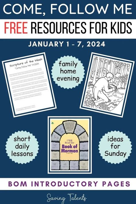 Devotionals and Family Home Evening ideas for young children to go along with Come Follow Me for Home and Families manual for 2024 on the Book of Mormon from the Church of Jesus Christ of Latter-day Saints. Free FHE resources, journal prompts activities, and scriptures. CFM Devotionals: Week of 1/1/2024 | Saving Talents Book Of Mormon Family Home Evening, Lds Come Follow Me 2024, Book Of Mormon Games For Kids, Book Of Mormon Primary Activity, Book Of Mormon Bulletin Board, Lds Primary Lesson Helps 2024, Book Of Mormon Activities For Kids, Come Follow Me Book Of Mormon 2024, Come Follow Me 2024