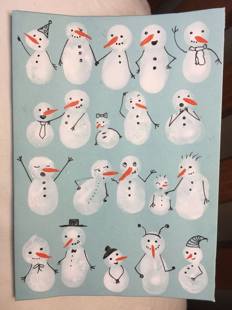 Easy Fingerprint Art, Christmas Finger Print Ideas, Christmas Cards Fingerprints, Fingerprint Cards Christmas, Finger Print Art Kids Christmas, Thumb Print Christmas Art, Finger Painting Christmas Cards, Finger Print Snowman, Winter Fingerprint Art