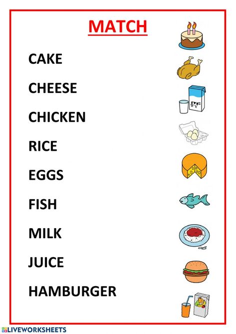 Food and drinks interactive activity for 1º y 2º de primaria. You can do the exercises online or download the worksheet as pdf. Second Grade English Activities, Food Kindergarten Worksheets, Food Worksheets For Grade 1, English Activity For Kindergarten, Food Activity For Kids, Food And Drink Worksheet, Food Worksheets For Kids, Activities For Grade 1, Food Activities For Kids