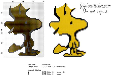 Woodstock Peanuts character free cross stitch pattern - free cross stitch patterns by Alex Woodstock Cross Stitch, Charlie Brown Cross Stitch, Free Cross Stitch Designs, Woodstock Snoopy, Free Cross Stitch Pattern, Cross Stitch Pattern Maker, Woodstock Peanuts, Free Cross Stitch Patterns, Cross Stitch Fairy