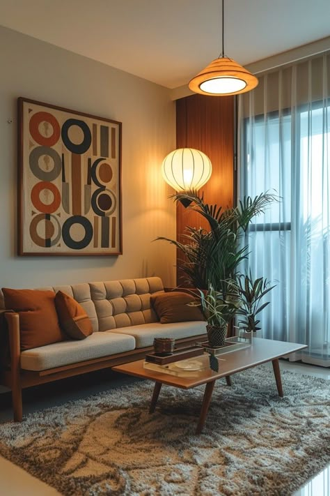 Small 70s Living Room, 60s Modern Home Decor, Mcm Studio Apartment, Modern Artsy Living Room, 60s Lounge, Bauhaus Living Room, 70s Inspired Living Room, 70s Living Room, Old Home Decor