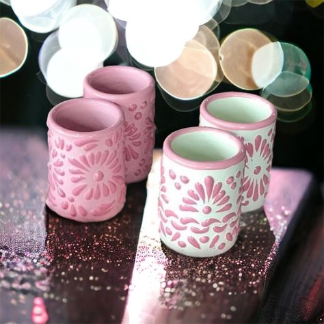 #shotglass #shotglasses #handmade #bachelor #bacheloretteparty #bachelorette #bridalshower #wedding #weddingzin #bridetobe #gettingmarried #hensparty #bridalshoot #bridalshowerdecor #bride #bridesmaids #squadgoals #squad #idocrew #bridetribe #engagedlife #futuremrs #bride2be #modernbride #pottery #pinkpottery #pinkshotglass #dulcenostalgia Shot Glass Pottery Painting Ideas, Mexican Bowls Pottery, Pottery Shot Glass, Pink Mexican Wedding, Diy Mexican Pottery, Pink Shot Glasses, Pink Talavera Party, Pottery Shot Glasses, Pink Mexican Theme Party