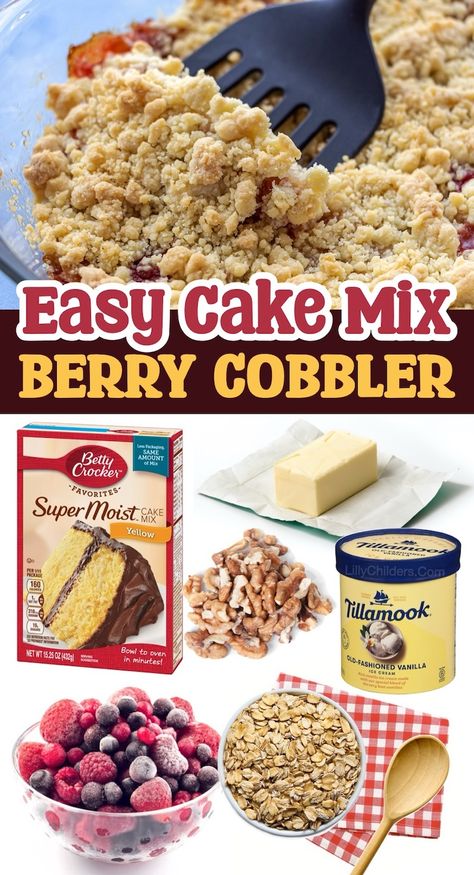 Easy Triple Berry Cobbler Made With Frozen Fruit & Cake Mix! Berry Cobbler Cake Mix Frozen Fruit, Triple Berry Cobbler With Frozen Berries, Dump Cake With Frozen Fruit, Berry Cobbler With Cake Mix Easy, Berry Cobbler Recipes Frozen Fruit, Frozen Berry Cobbler, Frozen Fruit Cake, Triple Berry Cobbler, Quick Yummy Desserts