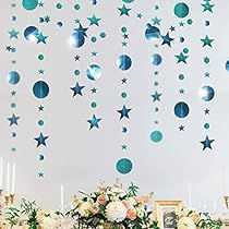 Teal Blue Weddings, Iridescent Party, Spring Party Decorations, Blue Party Decorations, Star Circle, Paper Fan Decorations, Streamer Backdrop, Circle Garland, 30th Birthday Decorations