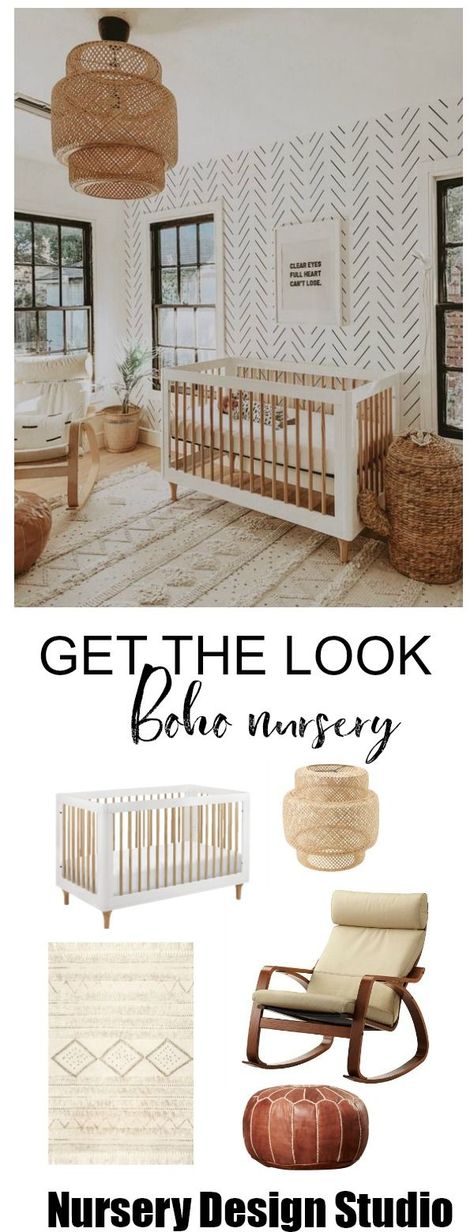 his gorgeous gender neutral nursery is both minimalist and has bohemian vibes all around. We just can't get enough of the black and white wallpaper, the textures and how light and airy the nursery is. #NURSERY #bohemian #bohemianstyle #bohemiannursery Wicker Nursery, Wallpaper Gender Neutral, Nursery Wallpaper Boy, Nursery Bohemian, Baby Nursery Wallpaper, Nursery Ideas Boy, Nursery Design Board, Children Wallpaper, Mission House