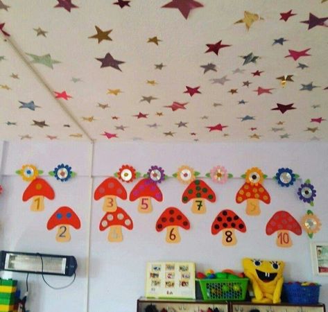 Roof Hanging Decoration For School, Kindergarten Art Crafts, Felt Board Patterns, Preschool Decor, Bulletin Boards Classroom Decor, Spider Crafts, Preschool Classroom Decor, Desain Quilling, School Wall Art