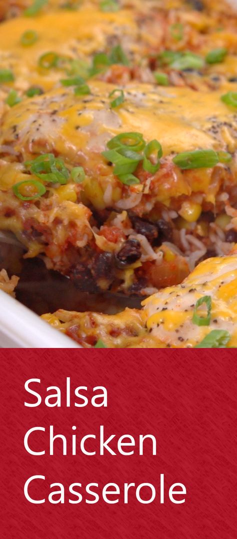 Salsa Chicken Casserole |Dinner doesn't get much easier than this— or tastier! Throw chicken, salsa, corn, rice and spices into a baking dish and toss it in the oven. In about an hour you'll have a deliciousTex-Mex meal the whole family will enjoy. And your budget will too. Click for the recipe and how-to video. #familydinner #budgetfriendlyrecipes #easyrecipes #dinnertime Salsa Rice Chicken, Chicken Salsa Casserole Recipes, Salsa Chicken Bake With Rice, Leftover Salsa Chicken Recipes, Leftover Salsa What To Do With, Tip Hero Recipes, Salsa Chicken Rice Casserole, Chicken Rice Salsa Casserole, Chicken Salsa Casserole