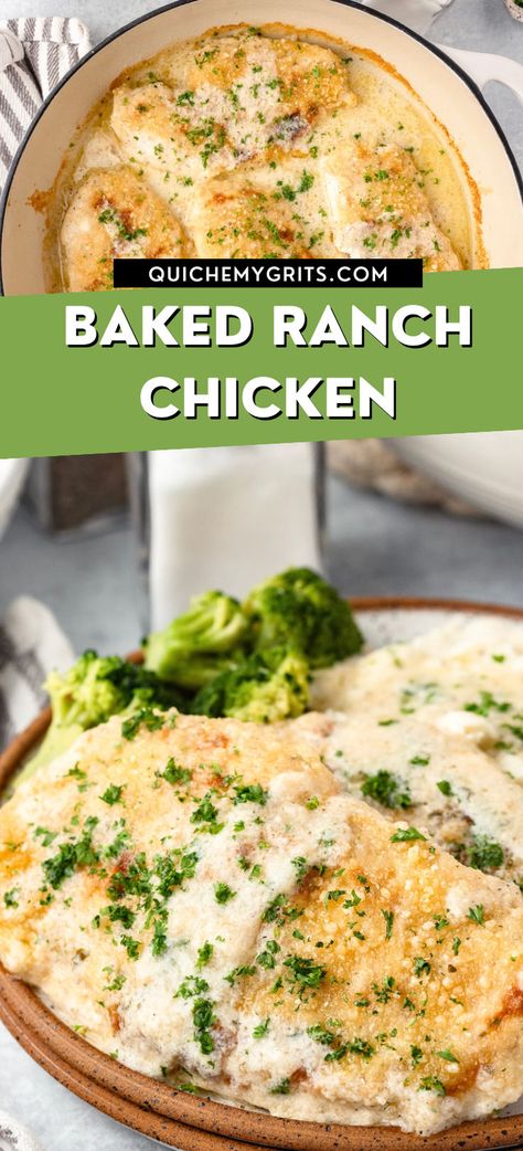 Two graphics depicting baked ranch chicken with broccoli. Baked Creamy Ranch Chicken, Creamy Ranch Chicken Oven, Hidden Valley Ranch Chicken Recipes, Chicken Ranch Bake, Chicken And Ranch Recipes, Chicken Recipes Ranch Packet, Chicken With Ranch Packet, Ranch Chicken Baked, Chicken Ranch Recipes