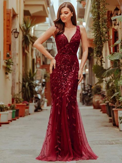 Vestidos Color Vino, Sleeveless Mermaid Dress, Mesh Prom Dress, Cap Sleeve Prom Dress, Burgundy Evening Dress, Sequin Evening Dress, V Neck Prom Dresses, Tulle Evening Dress, 2020 Prom Dresses