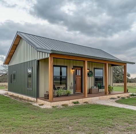 20x30 Barndominium, Tiny Barndominium Ideas, Green Barndominium Exterior, Simple Pole Barn Homes, Mini Barndominium, Simple Barndominium, Tiny Barndominium, Ranch Vibes, Small Cabin Ideas