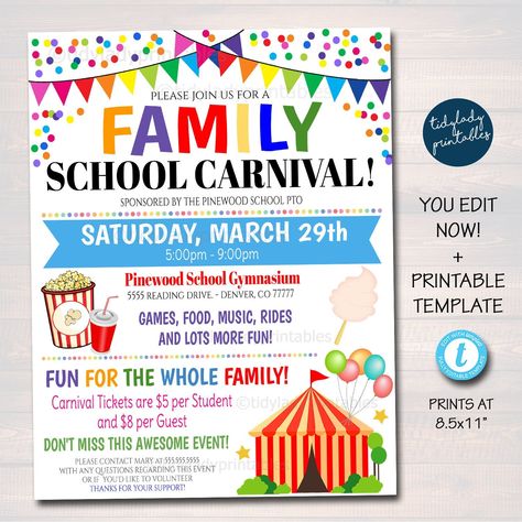 Family Carnival Flyer #FestivalFlyer #FundraiserPoster #PrintableInvitation #ChurchFestival #CharityBenefit #FamilyCarnival #EditableTemplate #CircusParty #ChurchFundraiser #CommunityEvent https://tidylady.net Carnival At School, School Carnival Ideas, Pta Organization, Pto Flyers, Carnival Flyer, Carnival Event, Carnival Tickets, Church Fundraisers, Fundraiser Event