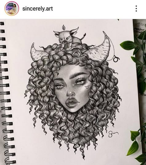 Curly Hair Goddess Tattoo, Curly Hair Woman Tattoo, Capricorn Tattoo For Black Women, Taurus Goddess Drawing, Capricorn Tattoo Black Women, Curly Hair Tattoo Design, Curly Hair Tattoo, Taurus Goddess Tattoo, Fading Tattoo