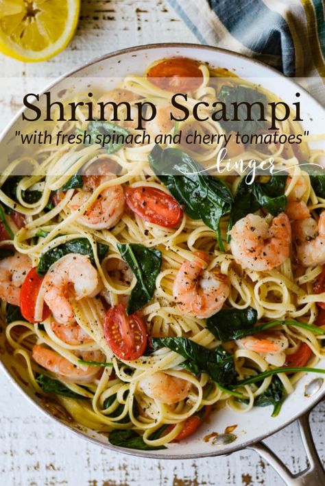 This easy and quick Shrimp Scampi Pasta with Spinach and Cherry Tomatoes is a fresh, bright and healthy pasta recipe. Buttery sauce, garlic, lemon and wine bring a rich flavor to this summertime dish. #shrimpscampi #pasta #seafoodrecipes #healthyrecipes #shrimprecipes #seafood #fishdishes #fish #summertimerecipe Shrimp And Spinach Linguine, Shrimp Scampi Pasta With Spinach, Shrimp Tomato Spinach Pasta In Garlic Butter Sauce, Garlic Olive Oil Seafood Pasta, Maggianos Shrimp Scampi Recipe, Shrimp Cherry Tomato Recipes, Vegetarian Scampi Pasta, Shrimp Scampi With Spinach, Shrimp Scampi With Vegetables