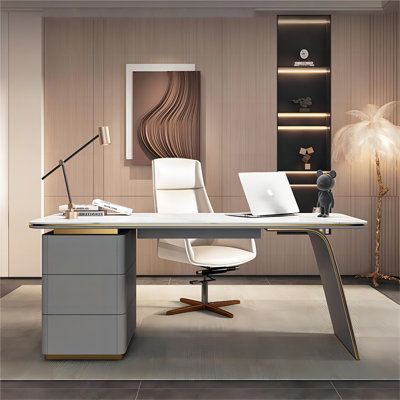 Discover the perfect blend of elegance and durability with our premium desk collection. Crafted with meticulous attention to detail, each piece is designed to enhance your workspace while ensuring longevity. Experience the natural beauty of our sintered stone desktops, combined with the robust stability of multi-layer solid wood legs. Our commitment to quality is evident in every feature, from the smooth, rounded edges for safety to the luxurious touch of stainless steel with titanium gold plati Desk Modern Design, Desk Brown, Office Space Corporate, Gold Desk, Contemporary Desk, Grey Desk, Luxury Office, Sintered Stone, Luxury Sale