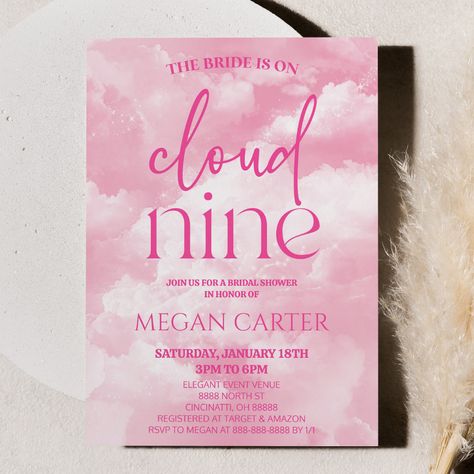 Brides On Cloud 9, The Bride Is On Cloud 9, The Brides On Cloud 9, Cloud 9 Bridal Shower Theme Invitations, On Cloud Nine Bridal Shower Invite, Cloud Baby Shower Theme, Spring Baby Shower Invitations, Pink Bridal Shower Invitations, Baby Shower Party Invitations