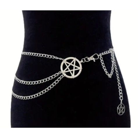 Enhance Your Fashion Style With This Women Pentagram Charm Metal Link Triple Chain Fashion Belt. The Belt Is Designed With A Metal Material That Adds Durability And Style. Its Adjustable Feature And 38-39 Inch Waist Size Provide A Perfect Fit For Any Woman. The Chain Belt Is A Great Accessory For Women Who Love Rock, Wiccan, Pagan, Metal, And Gothic Themes. The Belt's Silver Color, Medallion, And Layered Accents Make It Look Attractive And Eye-Catching. This One-Size Chain Belt Is Brand New With Gothic Waist Chain, Gothic Belts, Alien Doll, Gothic Belt, Goth Belt, Strega Fashion, Gothic Themes, Look Attractive, Vintage Leather Belts