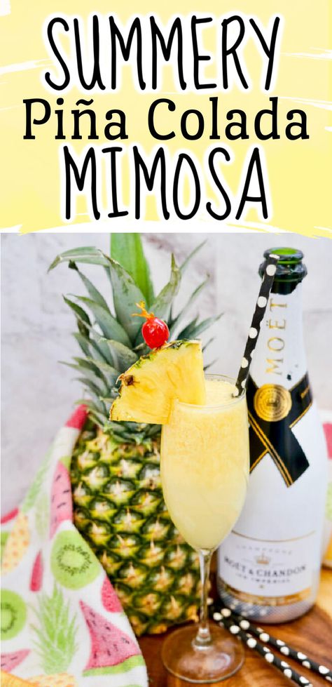 This Piña Colada Mimosa is a fantastically bubbly take on the classic tropical cocktail. A Champagne Piña colada is the perfect party drink for summer. Summer mimosa, Pina colada mimosa Pina Colada Mimosa Recipe, Champagne Summer Drinks, Pina Colada Mimosa, Tropical Mimosa Bar, Summer Mimosa Recipe, Mimosa Board, Mimosa Flavors, Fall Mimosa Recipe, Pineapple Mimosa Recipe