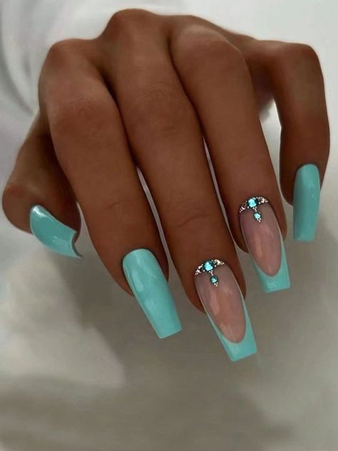 Summer Nails 2024 Color Trends, Simple Rhinestone Nails Designs, Simple Rhinestone Nails, Rhinestone Nails Designs, Summer Nails Long, Blue And White Nails, Nails Bright, Summer Nail Ideas, Teal Nails