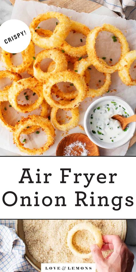 Air Fryer Onion Rings Recipe - Love and Lemons Onion Rings Air Fryer, Air Fryer Onion Rings, Homemade Onion Rings, Creamy Chipotle Sauce, Onion Rings Recipe, Best Appetizer, Air Fry Recipes, Air Fryer Recipes Easy, Air Fryer Recipes Healthy