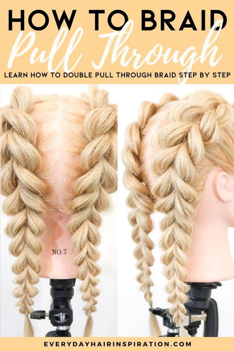 Double pull through braid step by step Double Dutch Braids Tutorial, Easy Pull Through Braid, Braid For Beginners, Dutch Braid Tutorial, Braided Headband Hairstyle, Double French Braids, Quick Braids, How To Braid, Dutch Braid Hairstyles