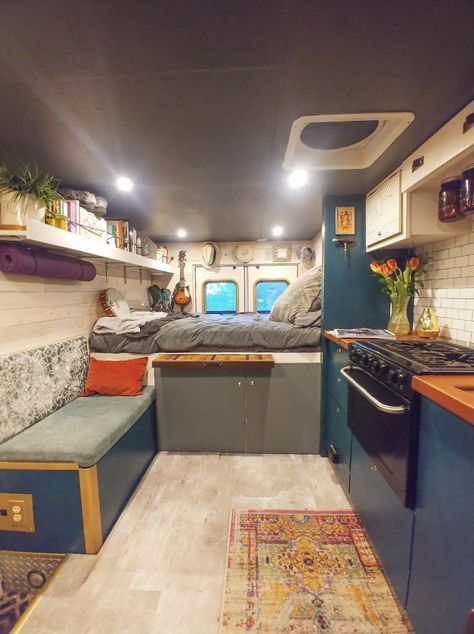 Woman Living in Her Off-Grid Ambulance Camper Conversion Ambulance Conversion Ideas, Ambulance To Rv Conversion, Tiny Camper Interior Layout, Living Off Grid In A Camper, Renovated Ambulance, Box Van Conversion Campers, Tiny Camper Living, Ambulance Conversion Campers, Ambulance Camper Conversion